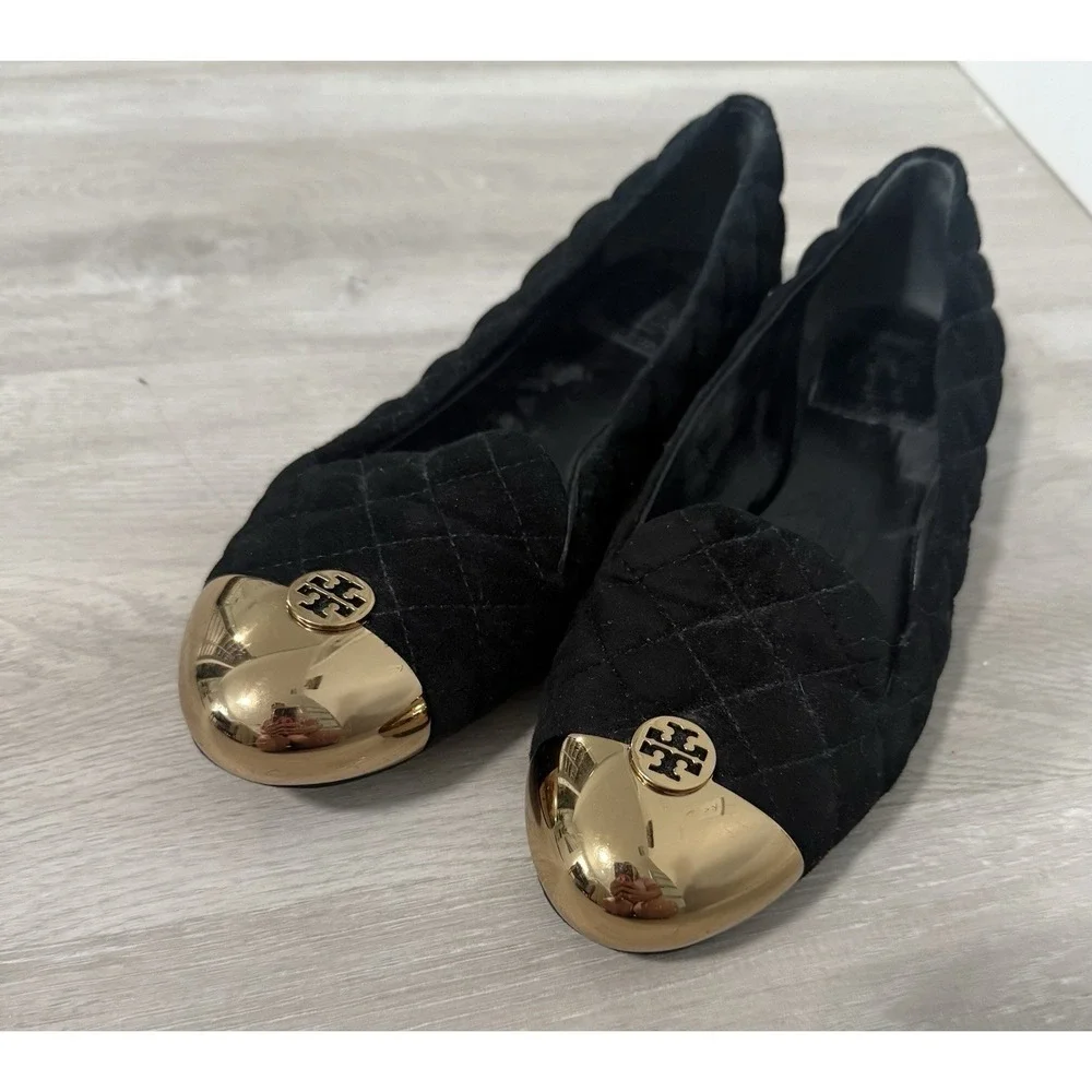 Tory Burch Black Quilted Velvet Gold Cap Toe Ballet Flats Women's Shoes sz 7